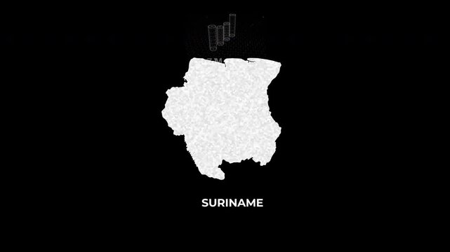 Suriname technology map with animated charts, graphs, statistics, and analytics showcasing economy, infrastructure, innovation, population, trade, energy, and national development