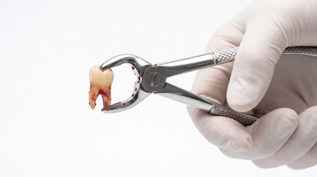 Dentist holding extracted human molar tooth with steel forceps