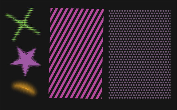 Set of colorful halftone shapes and geometric patterns on a dark gray background