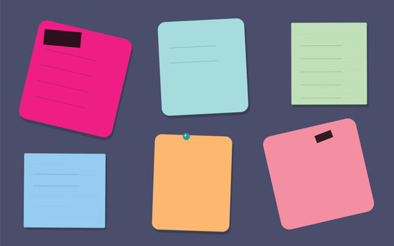 Set of colorful sticky notes and memo papers on a dark grey background for office tasks