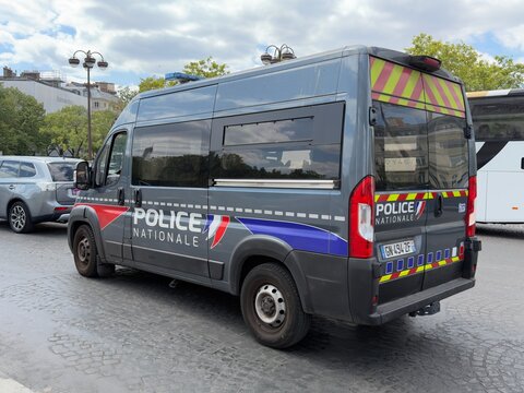 French national police CRS riot van on security patrol in Paris. 