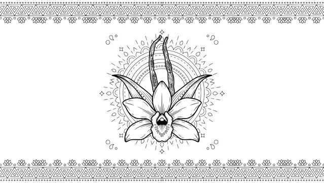 Botanical orchid flower with decorative mandala background and geometric floral borders in line art style