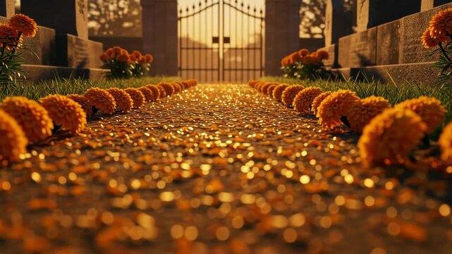 Path of marigold flowers leading to cemetery gate at sunset. Traditional Dia de los Muertos celebration altar decorations. Golden petals scattered on stone trail.
