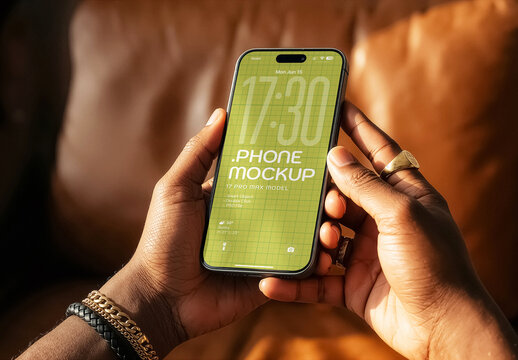 Hands Holding Smartphone PSD Mockup. Mobile App Screen Presentation In Lifestyle Interior