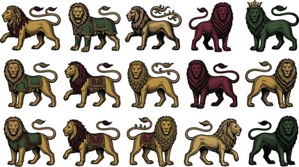 Obraz premium Heraldic Lion Illustration Collection Featuring Royal Medieval Lions Rampant Guardian Big Cats Vintage Emblems and Decorative Vector Animal Set