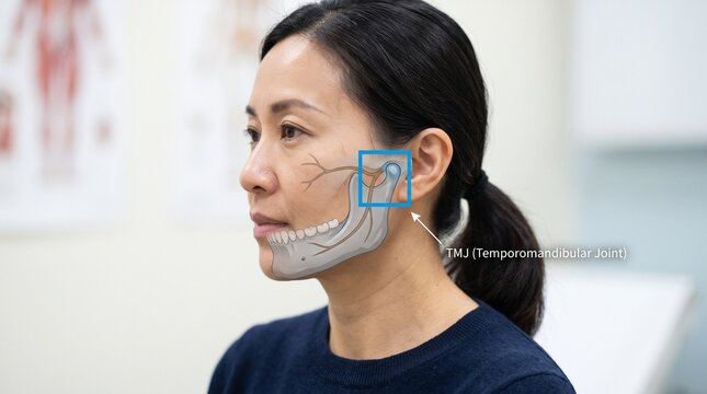 Woman with TMJ anatomy overlay illustration side view