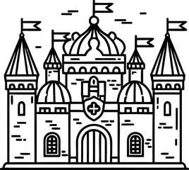 Fantasy Castle Outline Icon - Medieval Fortress with Flags and Towers © Hana