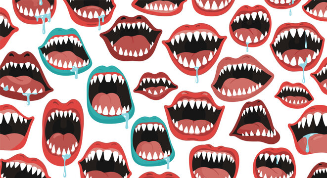 Vibrant seamless pattern of spooky open monster mouths with sharp white teeth and blue saliva drips on white.