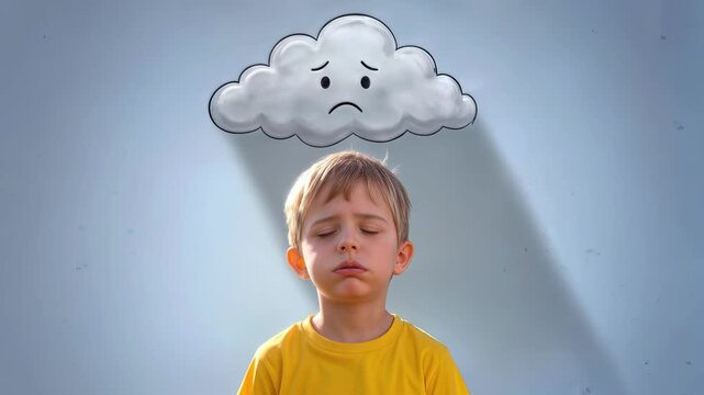 Sad boy looking up at animated cloud with unhappy face. Concept of childhood depression and mental health awareness. Lockdown shot.