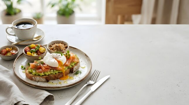 Smoked Salmon Avocado Toast With Poached Egg Healthy Gourmet Breakfast On Rustic Plate