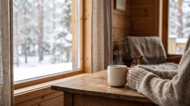 雪景色の窓辺で温かい飲み物を持つ手とマグカップ