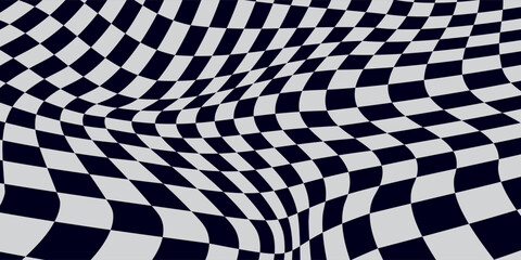 Obraz premium Abstract Dark Checkerboard Wave Pattern With Warped Grid and Optical Illusion Background