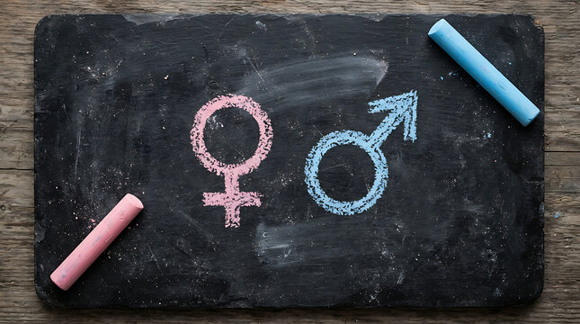 Pink female and blue male gender symbols drawn with chalk on a black slate board with symbols accompanied corresponding colored chalk sticks