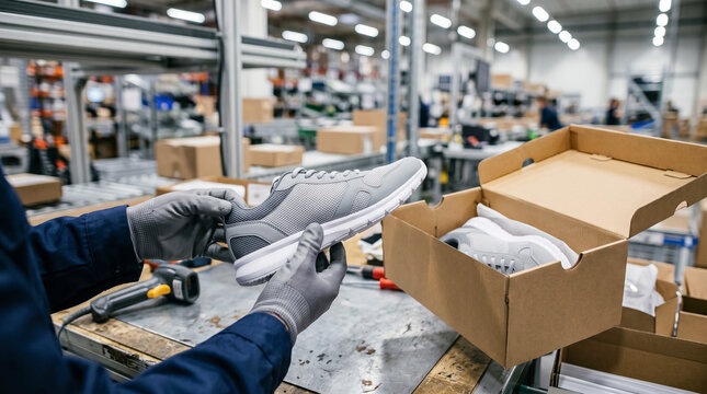 Warehouse worker inspecting returned sneakers for quality control