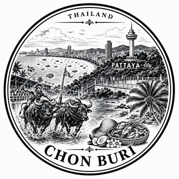 Chon Buri Thailand Buffalo Race and Pattaya Cityscape Vintage Engraving