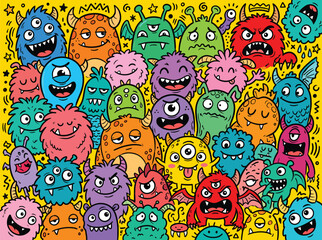 Hand drawn doodle monsters background, colorful cartoon alien characters pattern, funny creature collection for kids design © PixelMark