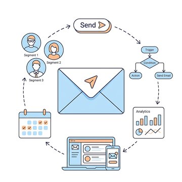 Email marketing strategy and workflow process infographic with marketing