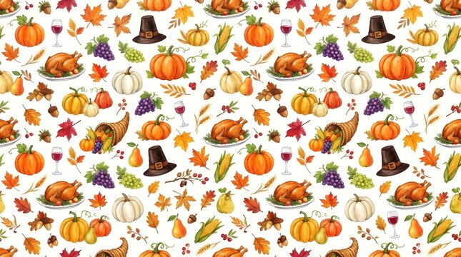 Seamless pattern with watercolor thanksgiving elements including roasted turkey pumpkins cornucopia autumn leaves and pilgrim hats on white