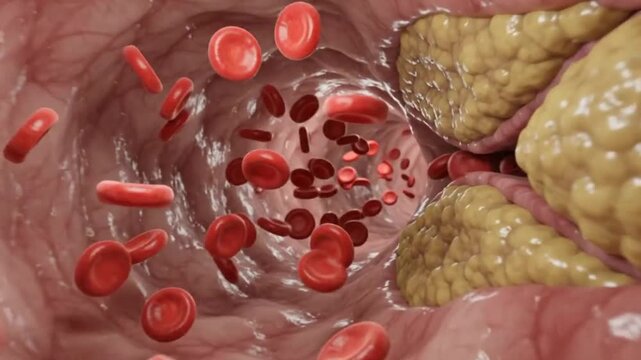 Intravascular 3D Camera View of Arterial Plaque Build Up Restricting Red Blood Cell Flow