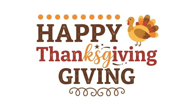 A festive happy thanksgiving greeting card design featuring rustic typography and a cute cartoon turkey illustration isolated on a clean white background for holiday celebrations