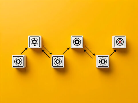 Wooden blocks forming a zigzag process path. Business workflow steps on yellow background.