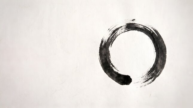 Black ink brush circle enso symbol hand painted on traditional paper