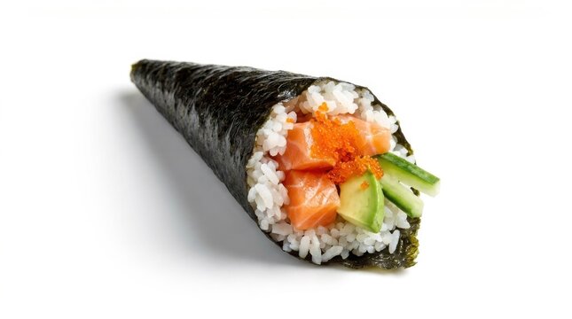 Fresh salmon temaki with cucumber isolated on white