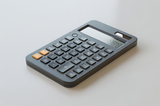 Dark gray electronic calculator with orange buttons on a white surface