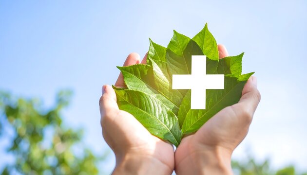 Hands holding green leaves with a plus sign for universal health