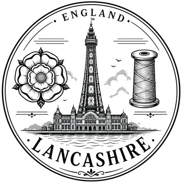 Blackpool Tower and Lancashire Rose emblem with England text