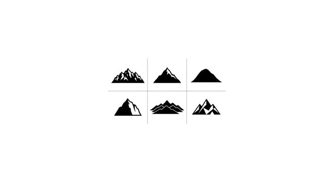 Mountain Peak Vector Icons Set, Summit Landscape Silhouettes, Rugged Alpine Forms, Adventure and Nature Graphics