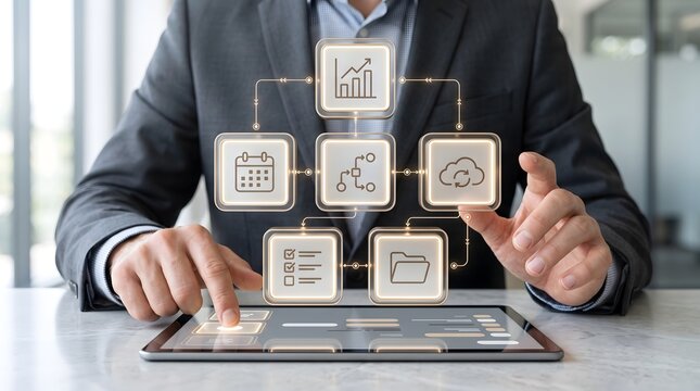 Businessman interacting with digital workflow interface on tablet