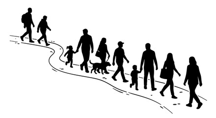 Diverse Group Walking Silhouettes, Family and Dog on Winding Path, Outdoor Activity Vector Illustration
