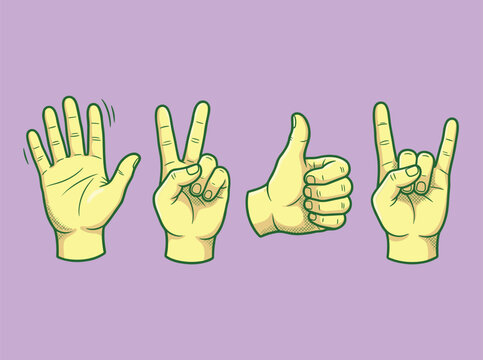 Retro cartoon hand gestures vector set, vintage comic style hands showing peace sign and thumbs up, yellow hand icons on purple background