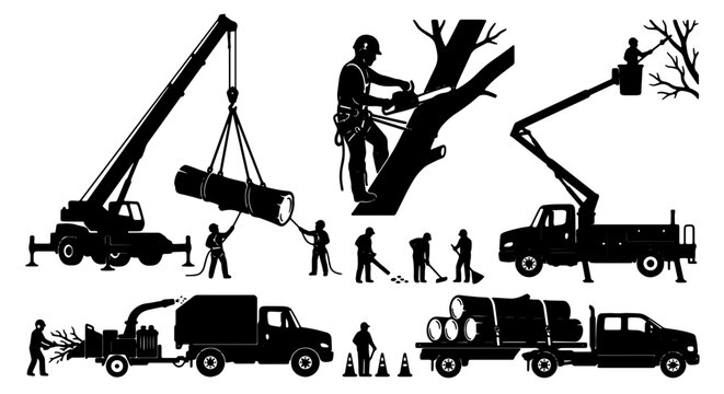Arborist and Tree Service Vector Icons: Crane, Chainsaw, Bucket Truck, Chipper, Crew Working, Logging Operations, Silhouette Set