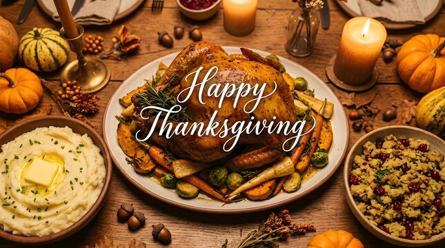 A festive thanksgiving dinner table featuring a roasted turkey with vegetables and side dishes for a traditional holiday celebration