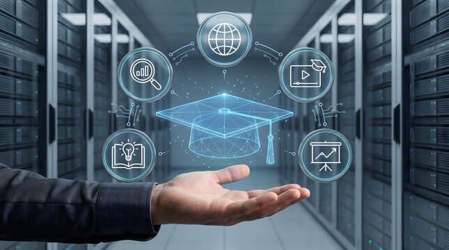 Digital education concept with graduation cap and icons in server room