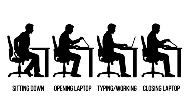 Ergonomic Posture Icons, Sitting Down, Opening Laptop, Typing Working, Closing Laptop, Vector Silhouettes for Office and Technology Concepts