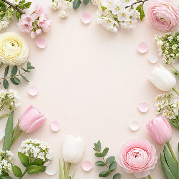 Spring floral frame border with pastel tulips and roses on light neutral background