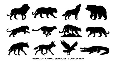 Obraz premium Predator Animal Silhouettes Collection, Fierce Wildlife Vector Icons, Wild Cat and Bear Graphics, Hunting Creatures Set, Black and White Animal Art