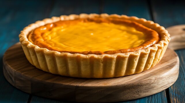 Delicious golden brown homemade tart on a rustic wooden board against a dark blue table surface.