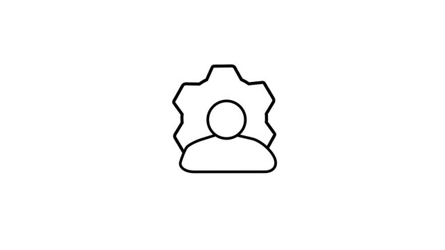 Animated line icon of a single user profile inside a gear symbol, representing account settings, personal profile management, administrator options, and user configuration..