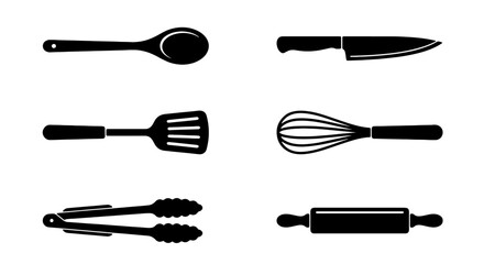 Fototapeta premium Black Silhouette Kitchen Utensils Set, Cooking Tools Collection, Culinary Equipment Icons for Food Preparation and Baking