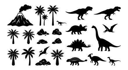 Dinosaur Silhouettes Collection, Prehistoric Vector Icons, Jurassic Era Elements, Volcanic Landscape Graphics, Palm Tree Graphics © Joya
