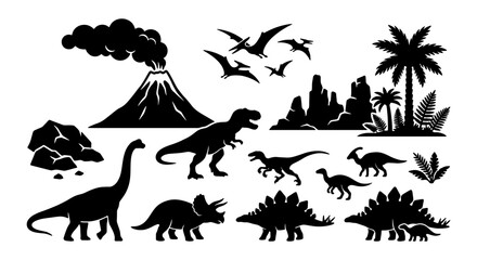 Prehistoric Dinosaur Silhouettes Collection, Jurassic Era Wildlife Icons, Extinct Reptile Vector Set, Volcanic Landscape Elements © Joya