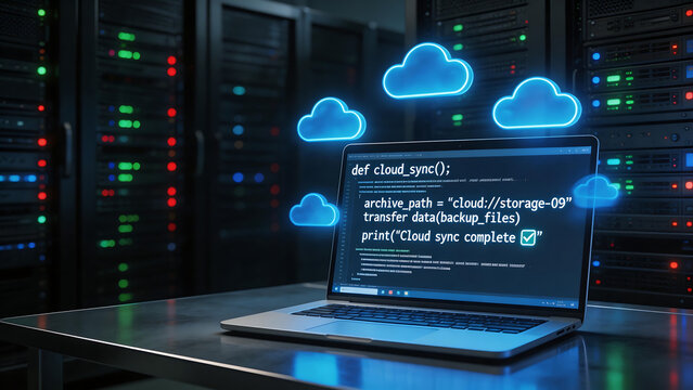 Laptop with cloud sync code in server room