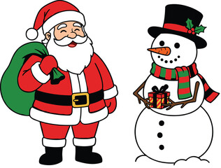 Fototapeta premium Cartoon santa claus carrying a green sack and a happy snowman holding a small gift box