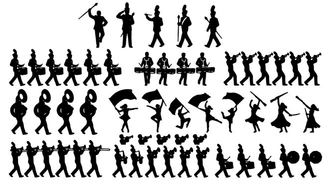 Marching Band Silhouettes, Drumline and Color Guard Vector Icons Set: Performance, Parade, Music Ensemble Figures for Graphic Design