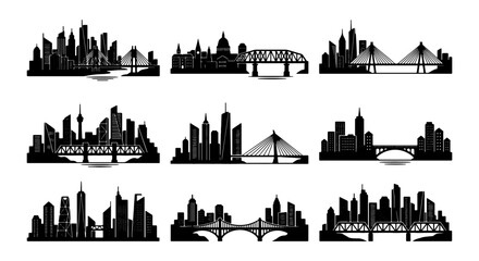 Obraz premium Diverse Cityscape Silhouettes, Modern Urban Skylines with Bridges, Architectural Icons Collection, Black and White Vector Graphics for Design