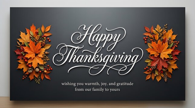 Elegant happy thanksgiving greeting card design with beautiful autumn leaves on a dark chalkboard background for seasonal holiday celebration